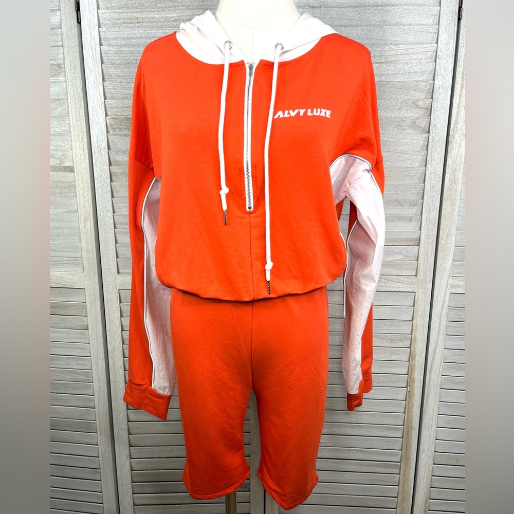 Alvy Luxe-Hooded Shortie Romper Long Sleeve Orange/ White-Large